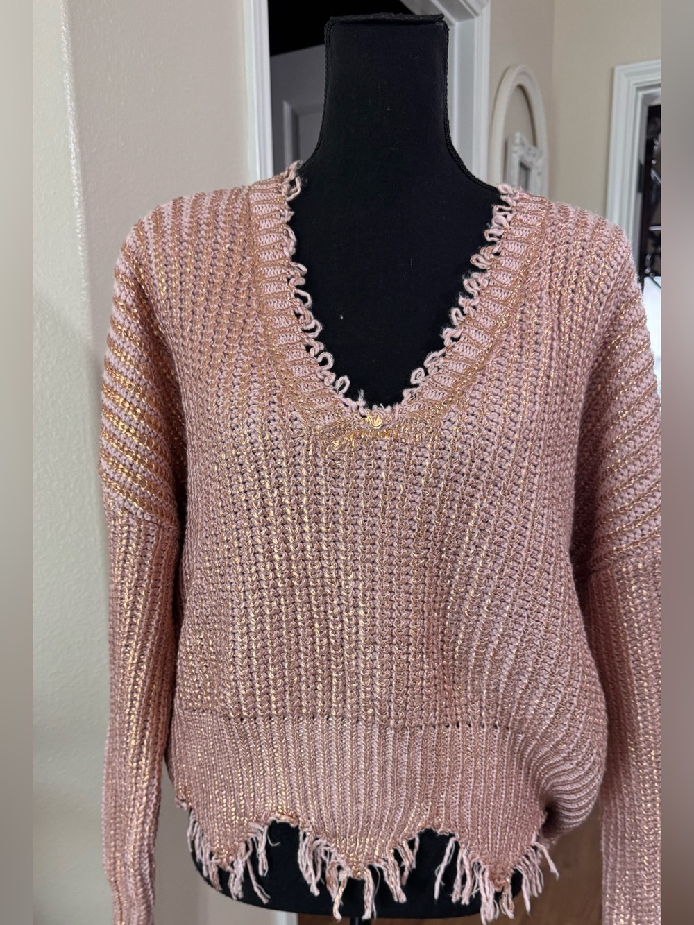 Elan Rose Pink Metallic Distressed Sweater